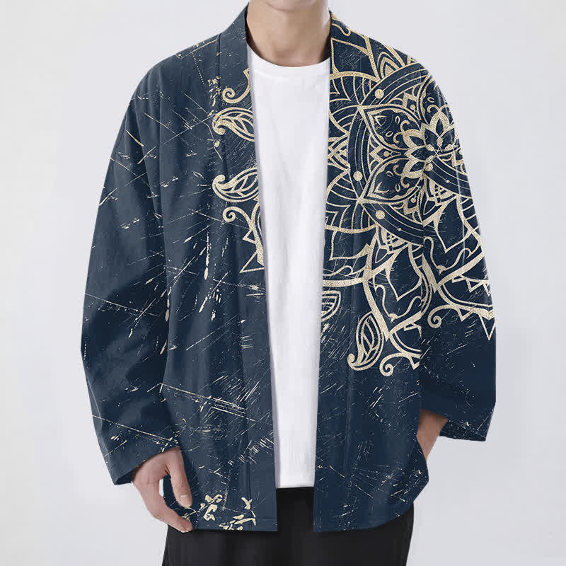 Buddha Stones Kimono da uomo in cotone effetto invecchiato con motivo mandala e apertura frontale. - Marina - US/UK/AU48, EU58 (4XL) - image 0