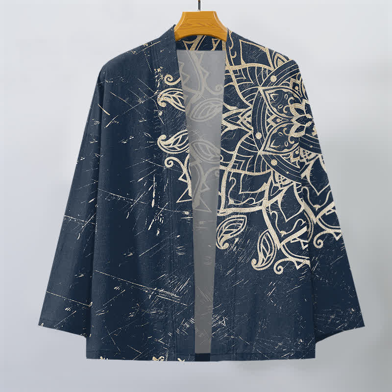 Buddha Stones Kimono da uomo in cotone effetto invecchiato con motivo mandala e apertura frontale. - image 1