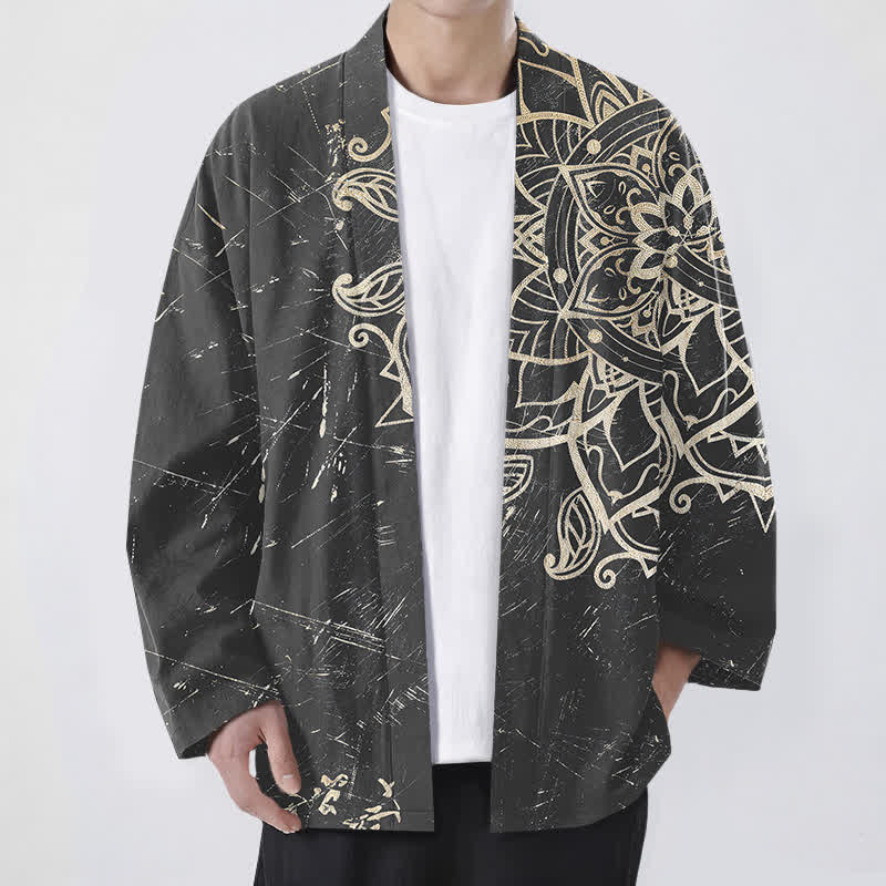 Buddha Stones Kimono da uomo in cotone effetto invecchiato con motivo mandala e apertura frontale. - Grigio - US/UK/AU48, EU58 (4XL) - image 9