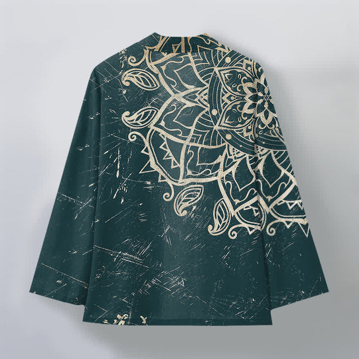 Buddha Stones Kimono da uomo in cotone effetto invecchiato con motivo mandala e apertura frontale. - image 8