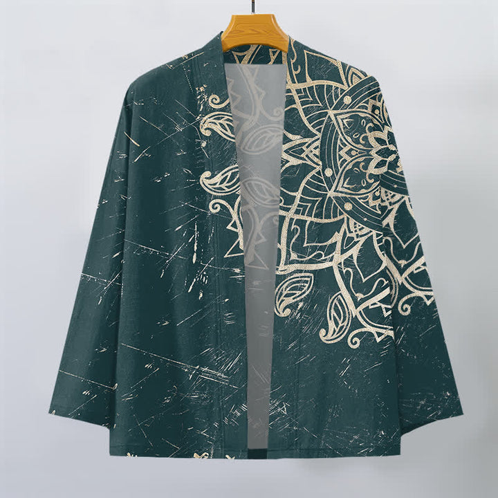Buddha Stones Kimono da uomo in cotone effetto invecchiato con motivo mandala e apertura frontale. - image 7