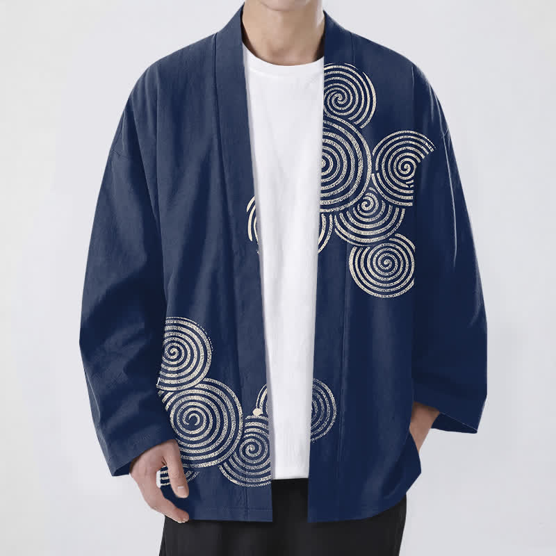 Buddha Stones Kimono da uomo in cotone con motivo a spirale concentrica e apertura frontale. - Marina - US/UK/AU48, EU58 (4XL) - image 0