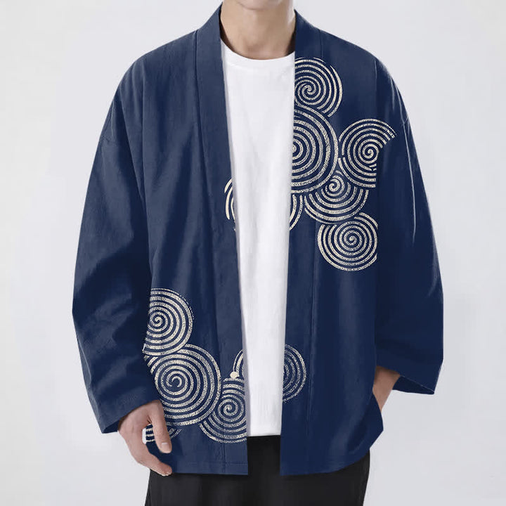 Buddha Stones Kimono da uomo in cotone con motivo a spirale concentrica e apertura frontale. - Marina - US/UK/AU48, EU58 (4XL) - image 0