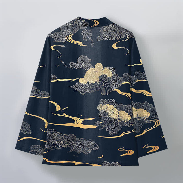 Buddha Stones Kimono da uomo in cotone con motivo nuvole dorate e apertura frontale. - image 2