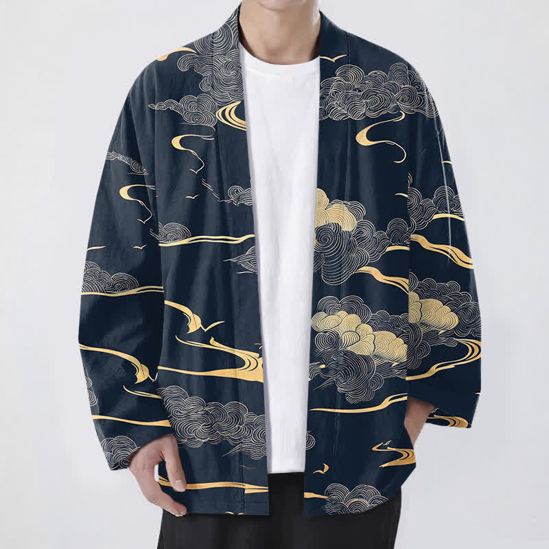 Buddha Stones Kimono da uomo in cotone con motivo nuvole dorate e apertura frontale. - Marina - US/UK/AU48, EU58 (4XL) - image 0
