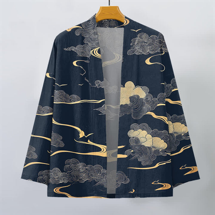 Buddha Stones Kimono da uomo in cotone con motivo nuvole dorate e apertura frontale. - image 1