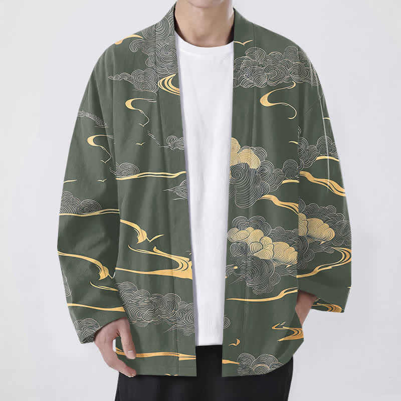 Buddha Stones Kimono da uomo in cotone con motivo nuvole dorate e apertura frontale. - Verde Mare Scuro - US/UK/AU48, EU58 (4XL) - image 6
