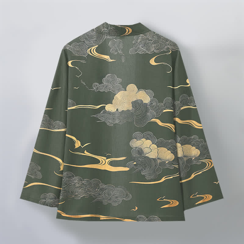 Buddha Stones Kimono da uomo in cotone con motivo nuvole dorate e apertura frontale. - image 8