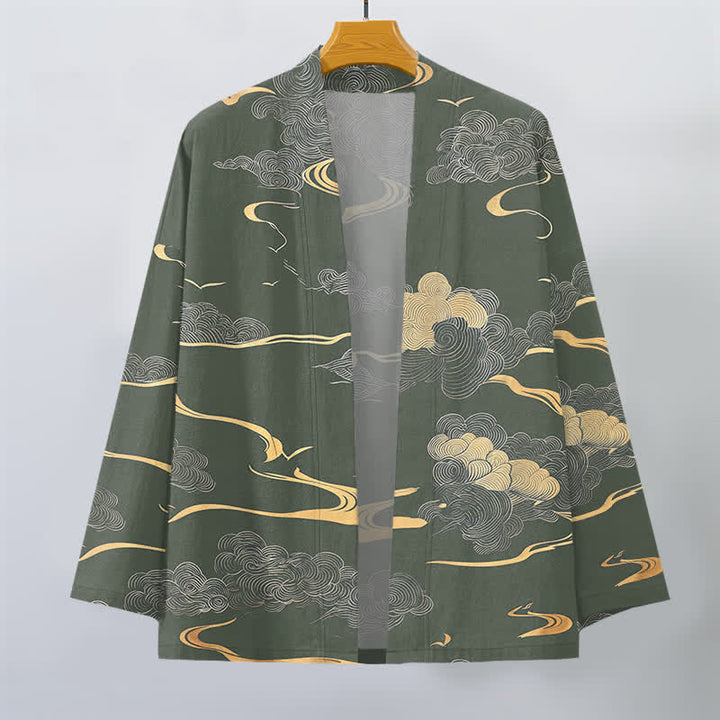 Buddha Stones Kimono da uomo in cotone con motivo nuvole dorate e apertura frontale. - image 7