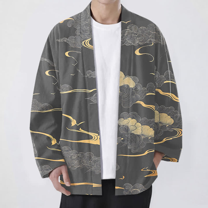 Buddha Stones Kimono da uomo in cotone con motivo nuvole dorate e apertura frontale. - Grigio - US/UK/AU48, EU58 (4XL) - image 9