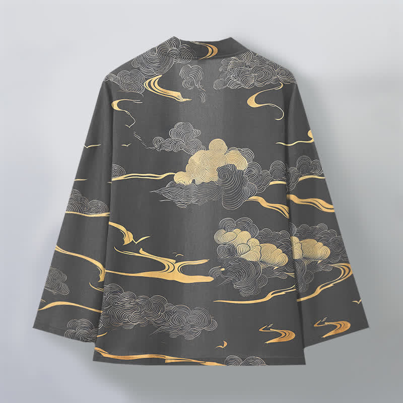 Buddha Stones Kimono da uomo in cotone con motivo nuvole dorate e apertura frontale. - image 11
