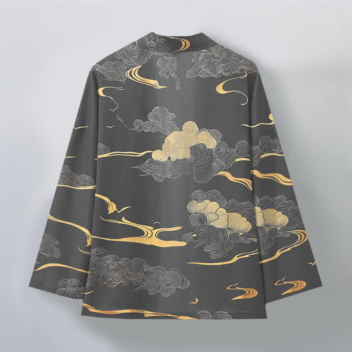 Buddha Stones Kimono da uomo in cotone con motivo nuvole dorate e apertura frontale. - image 11