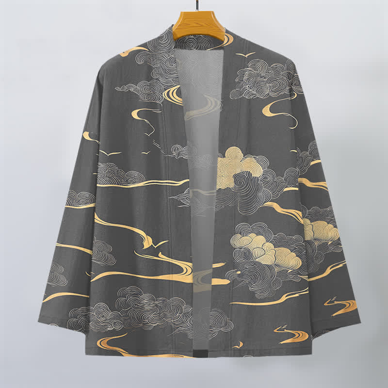 Buddha Stones Kimono da uomo in cotone con motivo nuvole dorate e apertura frontale. - image 10