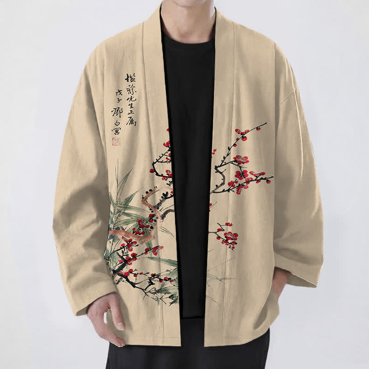 Buddha Stones Kimono da uomo in cotone rosso prugna con motivo bambù e apertura frontale - Grano - US/UK/AU48, EU58 (4XL) - image 0