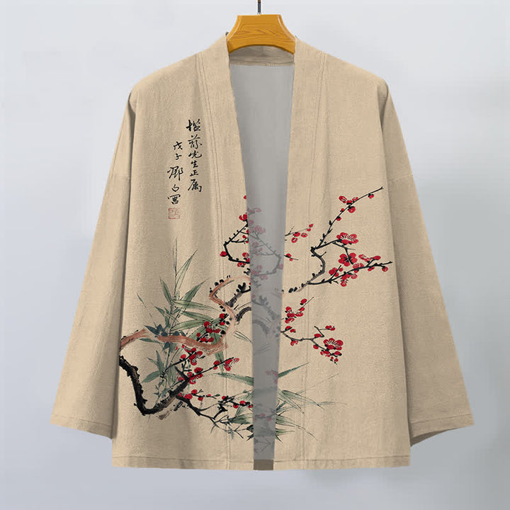 Buddha Stones Kimono da uomo in cotone rosso prugna con motivo bambù e apertura frontale - image 1