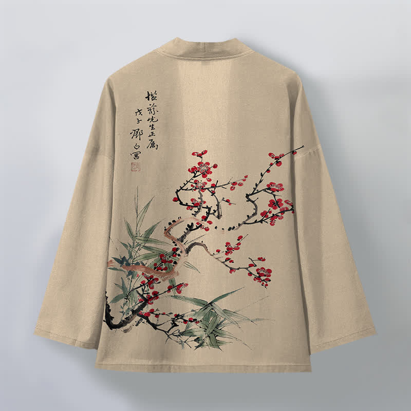 Buddha Stones Kimono da uomo in cotone rosso prugna con motivo bambù e apertura frontale - image 2