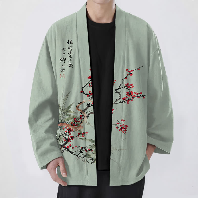 Buddha Stones Kimono da uomo in cotone rosso prugna con motivo bambù e apertura frontale - Verde Mare Scuro - US/UK/AU48, EU58 (4XL) - image 6