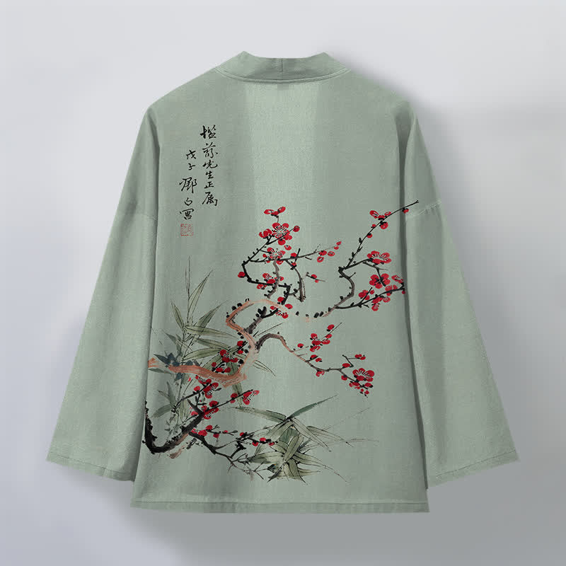 Buddha Stones Kimono da uomo in cotone rosso prugna con motivo bambù e apertura frontale - image 8