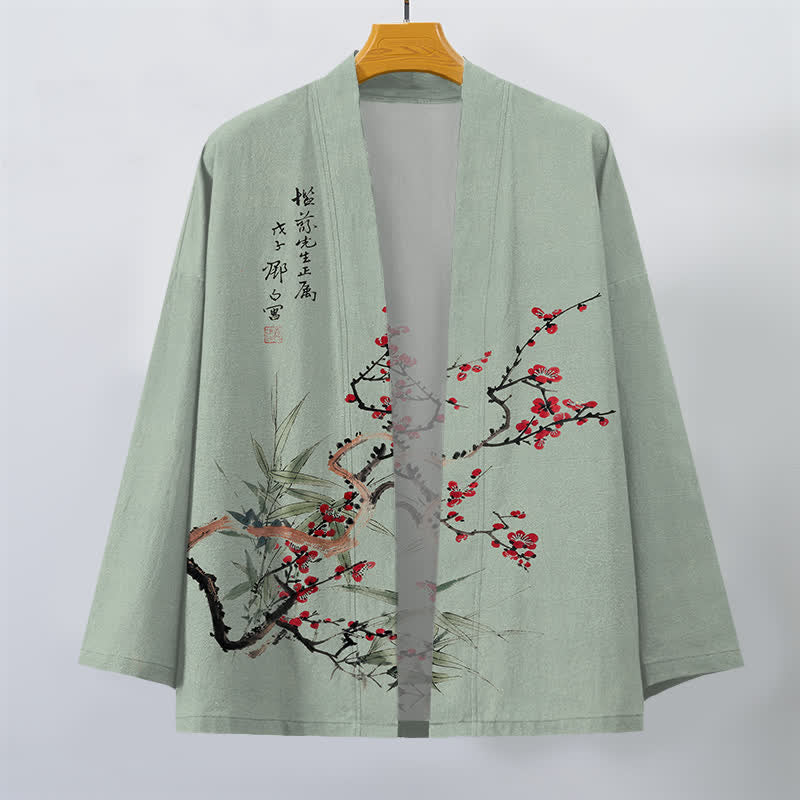 Buddha Stones Kimono da uomo in cotone rosso prugna con motivo bambù e apertura frontale - image 7