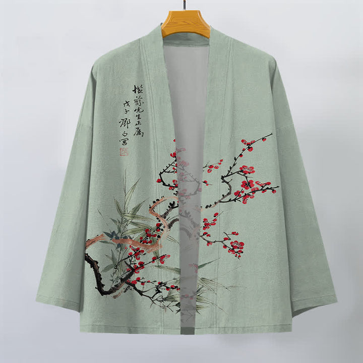 Buddha Stones Kimono da uomo in cotone rosso prugna con motivo bambù e apertura frontale - image 7