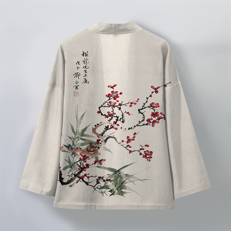 Buddha Stones Kimono da uomo in cotone rosso prugna con motivo bambù e apertura frontale - image 11