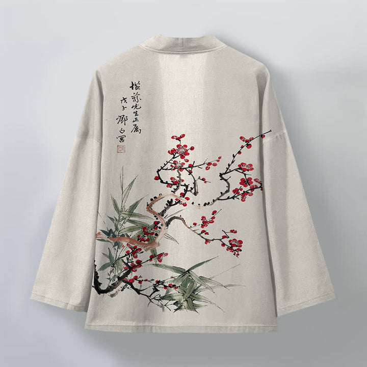 Buddha Stones Kimono da uomo in cotone rosso prugna con motivo bambù e apertura frontale - image 11