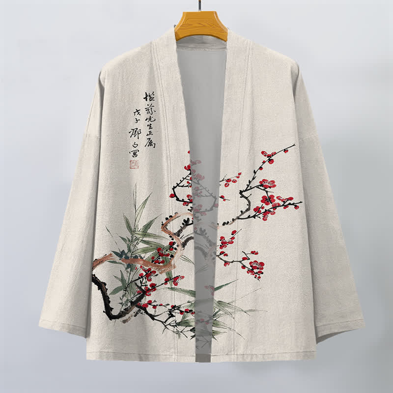 Buddha Stones Kimono da uomo in cotone rosso prugna con motivo bambù e apertura frontale - image 10