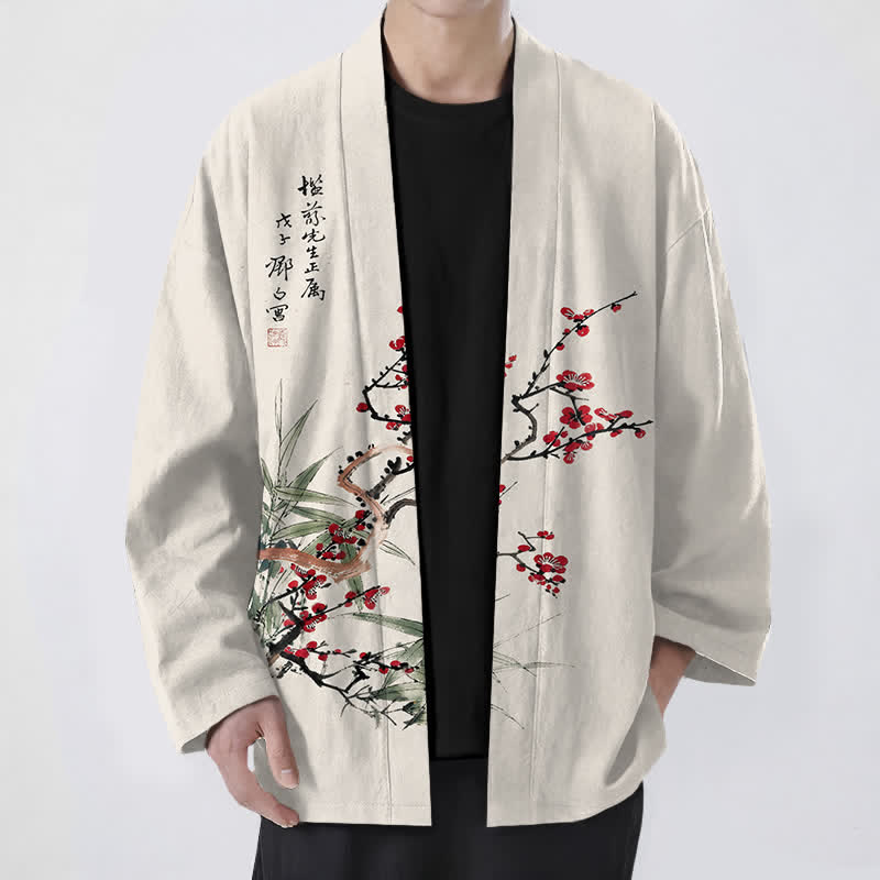 Buddha Stones Kimono da uomo in cotone rosso prugna con motivo bambù e apertura frontale - Beige - US/UK/AU48, EU58 (4XL) - image 9
