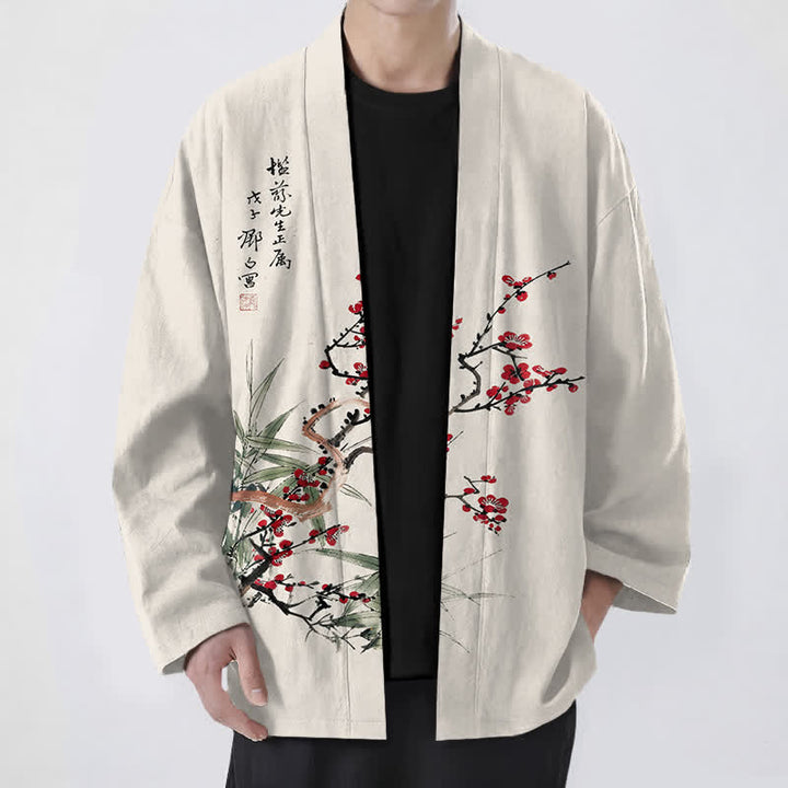 Buddha Stones Kimono da uomo in cotone rosso prugna con motivo bambù e apertura frontale - Beige - US/UK/AU48, EU58 (4XL) - image 9