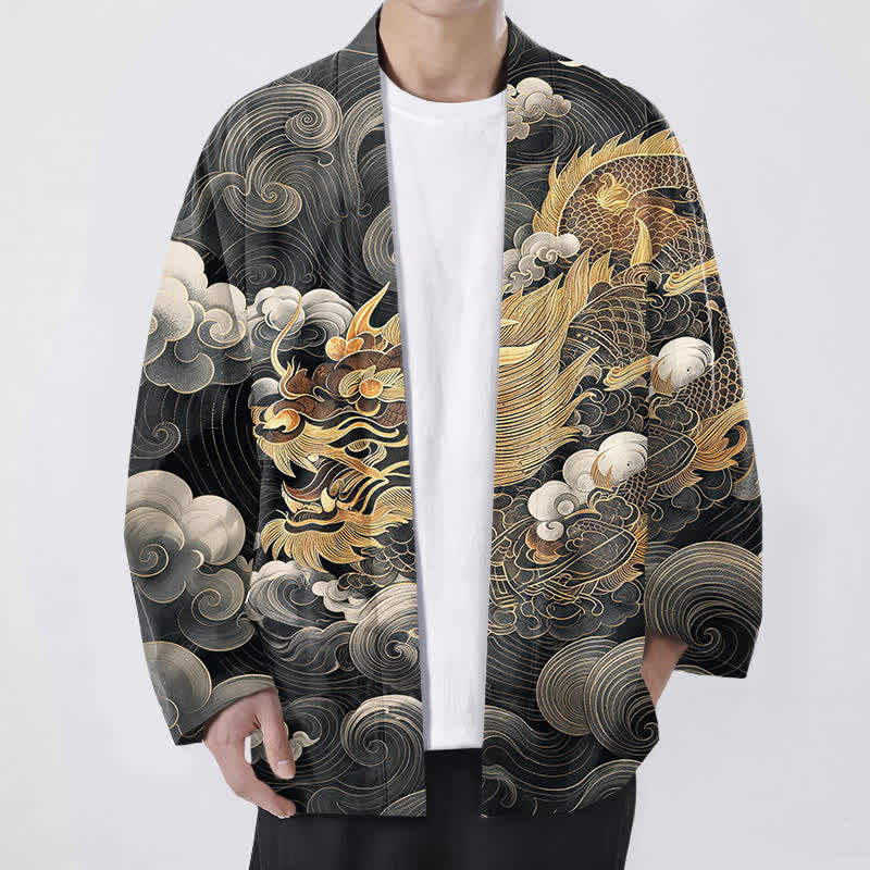 Buddha Stones Kimono da uomo in cotone con motivo drago dorato e nuvole, aperto sul davanti. - Nero - US/UK/AU48, EU58 (4XL) - image 0