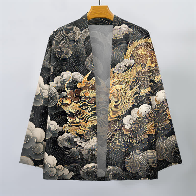 Buddha Stones Kimono da uomo in cotone con motivo drago dorato e nuvole, aperto sul davanti. - image 1