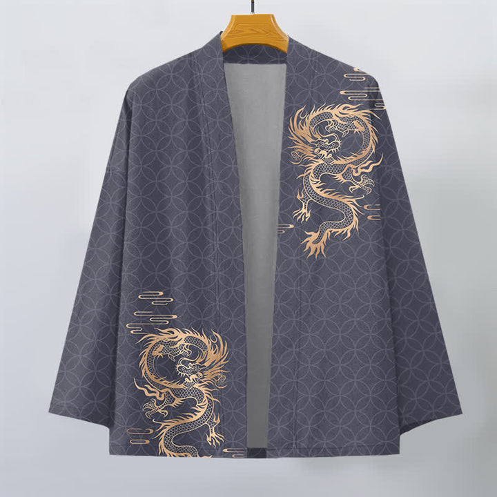 Buddha Stones Kimono da uomo in cotone con motivo geometrico a cerchi e drago dorato, aperto sul davanti. - image 1