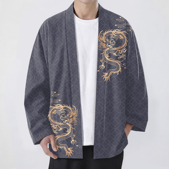 Buddha Stones Kimono da uomo in cotone con motivo geometrico a cerchi e drago dorato, aperto sul davanti. - Grigio ardesia - US/UK/AU48, EU58 (4XL) - image 0