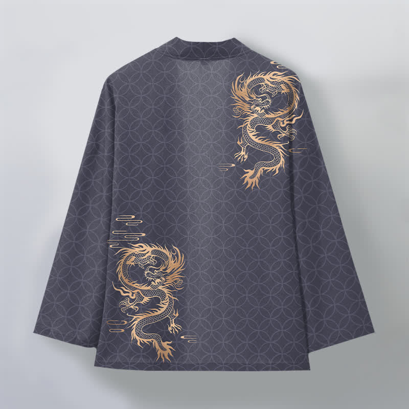 Buddha Stones Kimono da uomo in cotone con motivo geometrico a cerchi e drago dorato, aperto sul davanti. - image 2