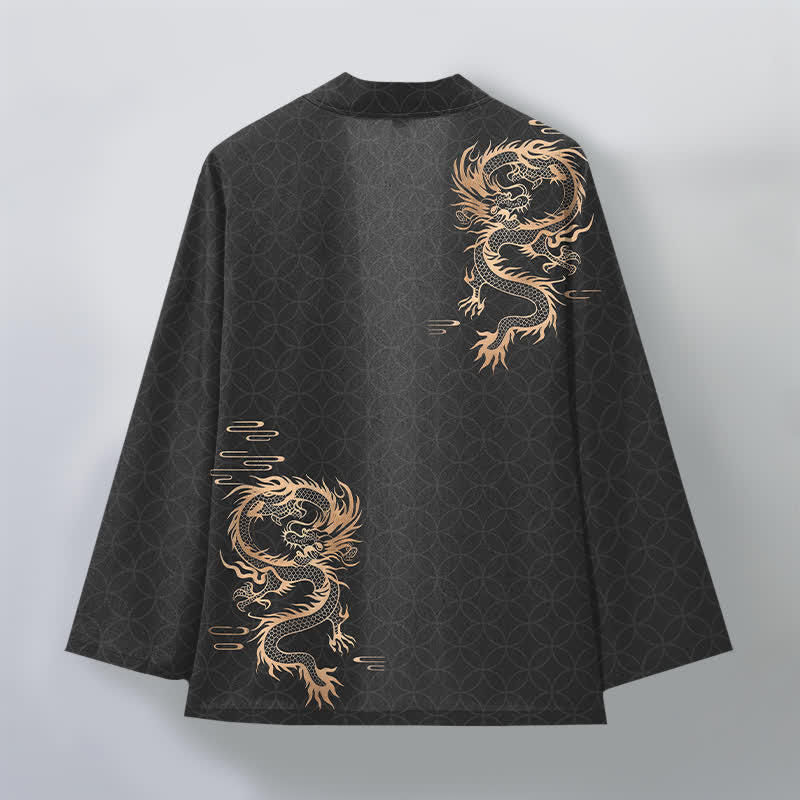 Buddha Stones Kimono da uomo in cotone con motivo geometrico a cerchi e drago dorato, aperto sul davanti. - image 8