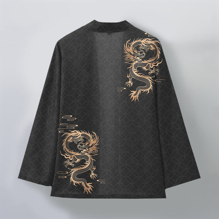 Buddha Stones Kimono da uomo in cotone con motivo geometrico a cerchi e drago dorato, aperto sul davanti. - image 8