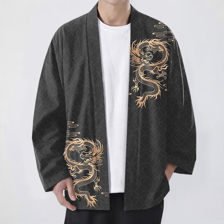 Buddha Stones Kimono da uomo in cotone con motivo geometrico a cerchi e drago dorato, aperto sul davanti. - Nero - US/UK/AU48, EU58 (4XL) - image 6