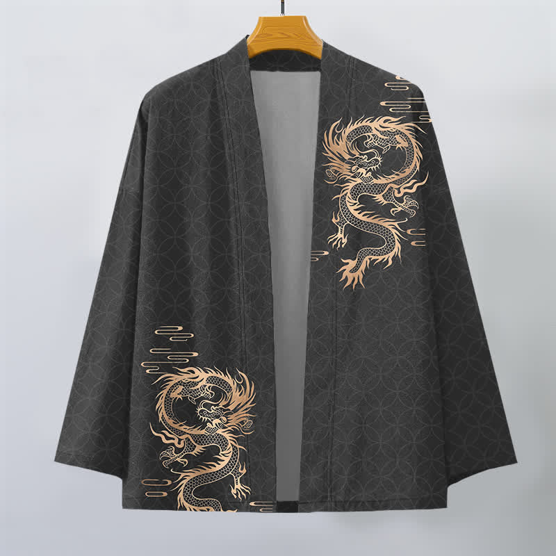 Buddha Stones Kimono da uomo in cotone con motivo geometrico a cerchi e drago dorato, aperto sul davanti. - image 7