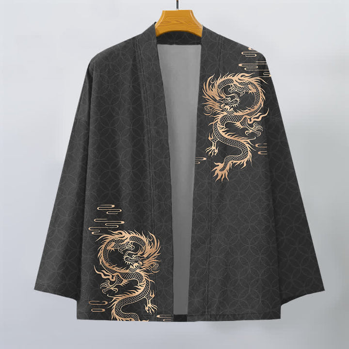 Buddha Stones Kimono da uomo in cotone con motivo geometrico a cerchi e drago dorato, aperto sul davanti. - image 7