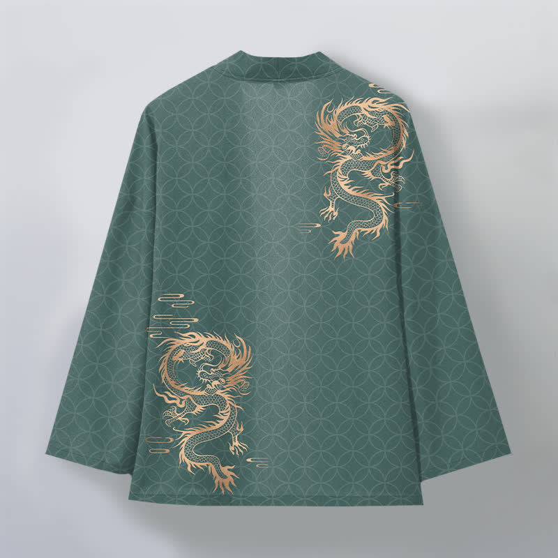 Buddha Stones Kimono da uomo in cotone con motivo geometrico a cerchi e drago dorato, aperto sul davanti. - image 11