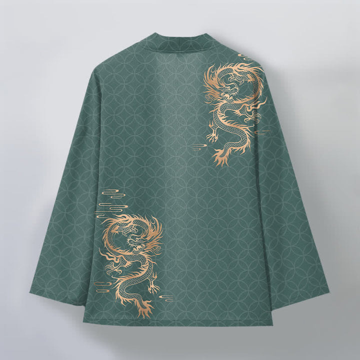 Buddha Stones Kimono da uomo in cotone con motivo geometrico a cerchi e drago dorato, aperto sul davanti. - image 11