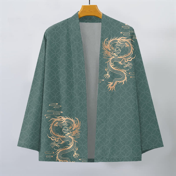 Buddha Stones Kimono da uomo in cotone con motivo geometrico a cerchi e drago dorato, aperto sul davanti. - image 10