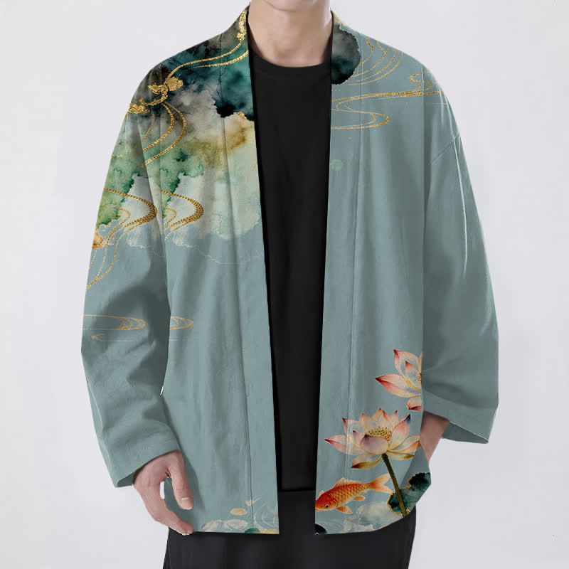 Buddha Stones Kimono da uomo in cotone con stampa a nuvole e motivo a inchiostro di loto e carpa koi, aperto sul davanti. - Cadetto Blu - US/UK/AU48, EU58 (4XL) - image 0