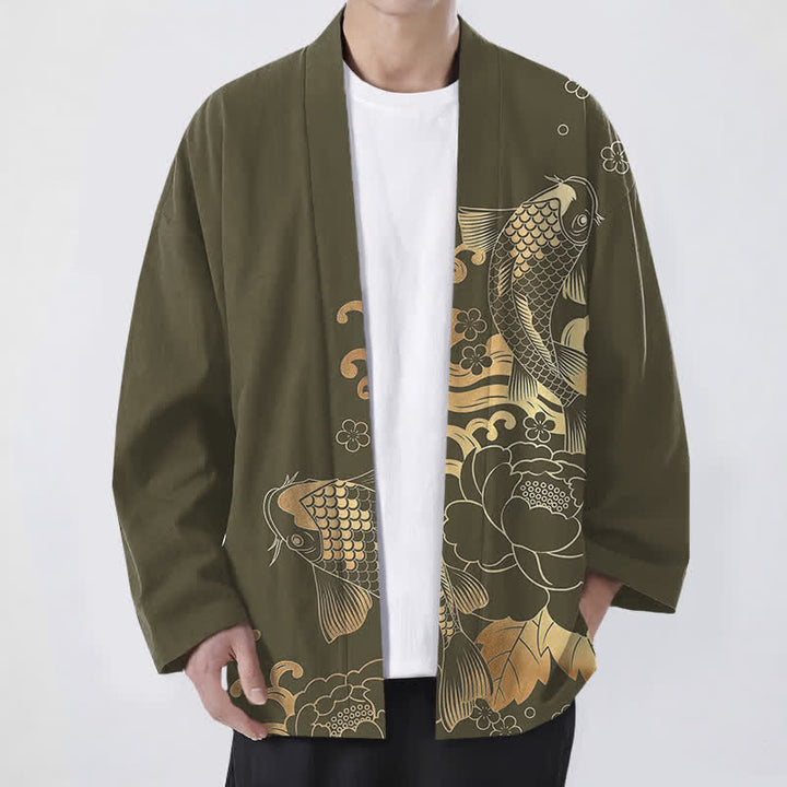 Buddha Stones Kimono da uomo in cotone con motivo floreale e carpe koi dorate, aperto sul davanti. - Oliva - US/UK/AU48, EU58 (4XL) - image 0