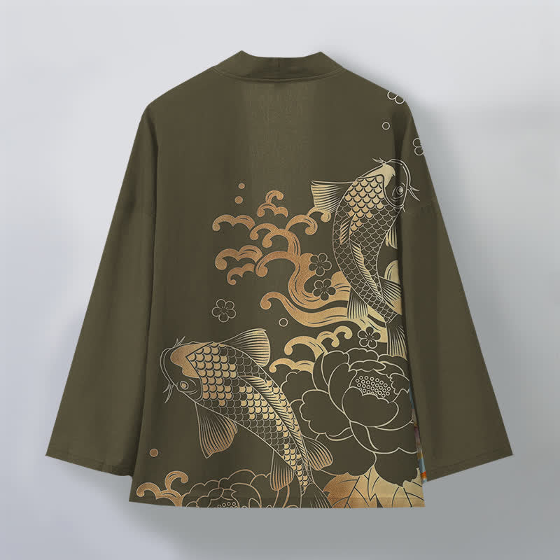 Buddha Stones Kimono da uomo in cotone con motivo floreale e carpe koi dorate, aperto sul davanti. - image 2