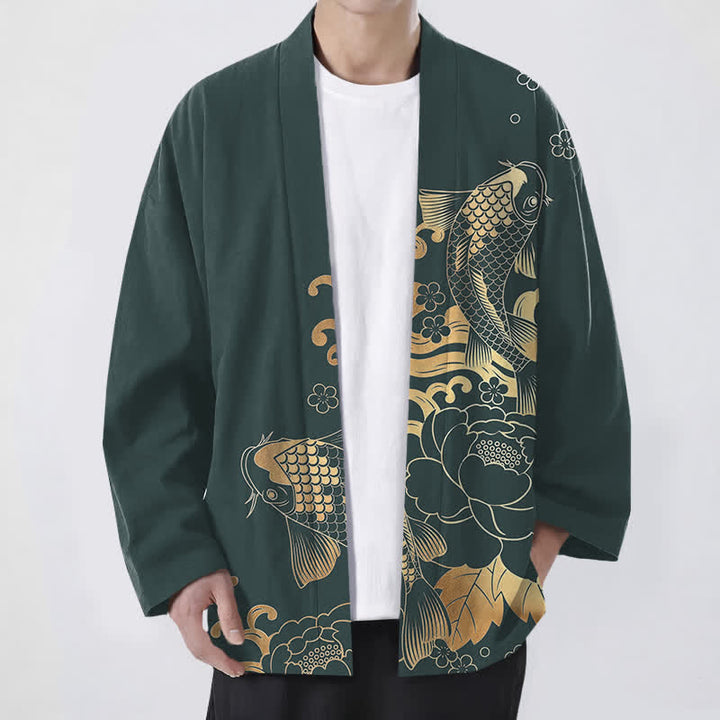Buddha Stones Kimono da uomo in cotone con motivo floreale e carpe koi dorate, aperto sul davanti. - Verde acqua - US/UK/AU48, EU58 (4XL) - image 6
