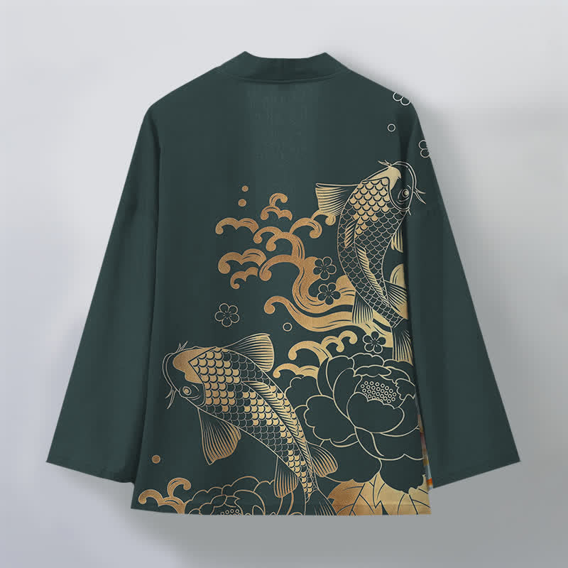 Buddha Stones Kimono da uomo in cotone con motivo floreale e carpe koi dorate, aperto sul davanti. - image 8