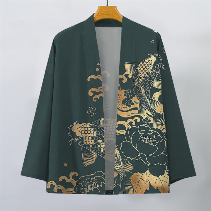 Buddha Stones Kimono da uomo in cotone con motivo floreale e carpe koi dorate, aperto sul davanti. - image 7