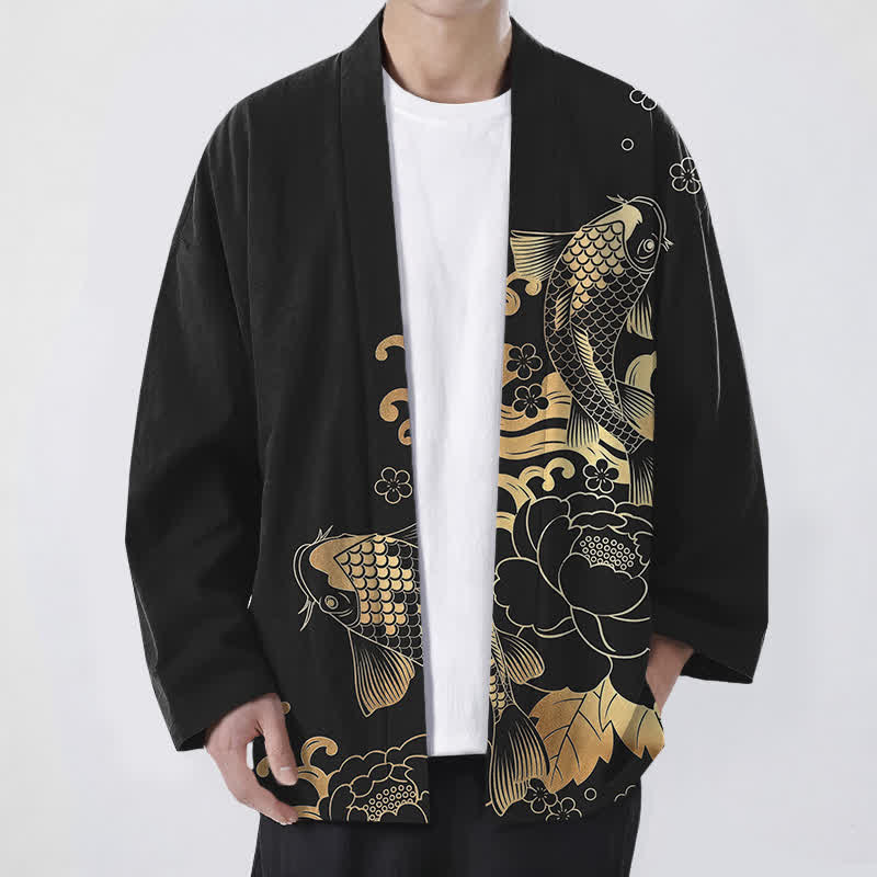 Buddha Stones Kimono da uomo in cotone con motivo floreale e carpe koi dorate, aperto sul davanti. - Nero - US/UK/AU48, EU58 (4XL) - image 9