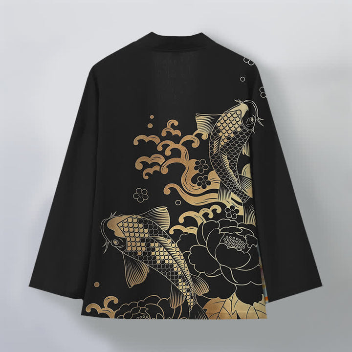 Buddha Stones Kimono da uomo in cotone con motivo floreale e carpe koi dorate, aperto sul davanti. - image 11